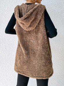 SHEIN LUNE Open Front Hooded Flannel Vest Coat In Fall/Winter - Mocha Brown - View 2