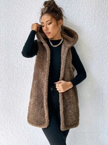 SHEIN LUNE Open Front Hooded Flannel Vest Coat In Fall/Winter - Mocha Brown - View 3