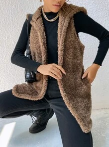 SHEIN LUNE Open Front Hooded Flannel Vest Coat In Fall/Winter - Mocha Brown - View 4