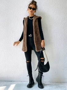 SHEIN LUNE Open Front Hooded Flannel Vest Coat In Fall/Winter - Mocha Brown - View 6