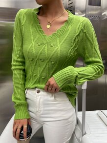 SHEIN Essnce Argyle Knit Scallop Trim Jumper - Olive Green - View 3