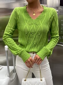 SHEIN Essnce Argyle Knit Scallop Trim Jumper - Olive Green - View 4