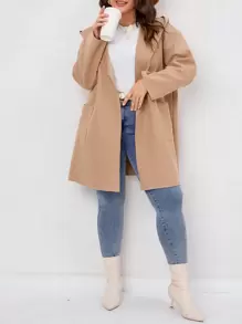 SHEIN LUNE Plus Pocket Patched Hooded Coat - Khaki - View 1