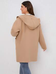SHEIN LUNE Plus Pocket Patched Hooded Coat - Khaki - View 2