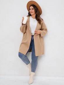 SHEIN LUNE Plus Pocket Patched Hooded Coat - Khaki - View 3