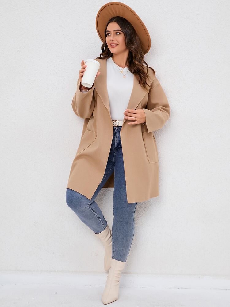 SHEIN LUNE 大碼口袋貼布連帽外套 - 卡其色 - 查看 3