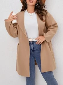 SHEIN LUNE Plus Pocket Patched Hooded Coat - Khaki - View 4