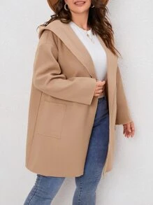 SHEIN LUNE Plus Pocket Patched Hooded Coat - Khaki - View 5