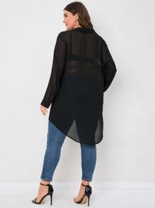 SHEIN LUNE Plus Button Front High Low Hem Chiffon Shirt Without Bra - Black - View 2