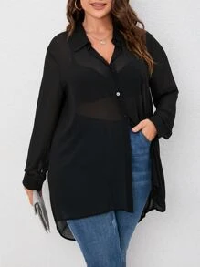 SHEIN LUNE Plus Button Front High Low Hem Chiffon Shirt Without Bra - Black - View 3