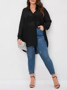 SHEIN LUNE Plus Button Front High Low Hem Chiffon Shirt Without Bra - Black - View 5