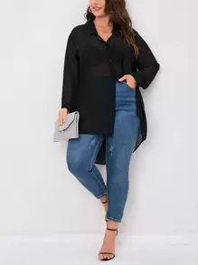 SHEIN LUNE Plus Button Front High Low Hem Chiffon Shirt Without Bra - Black - View 6