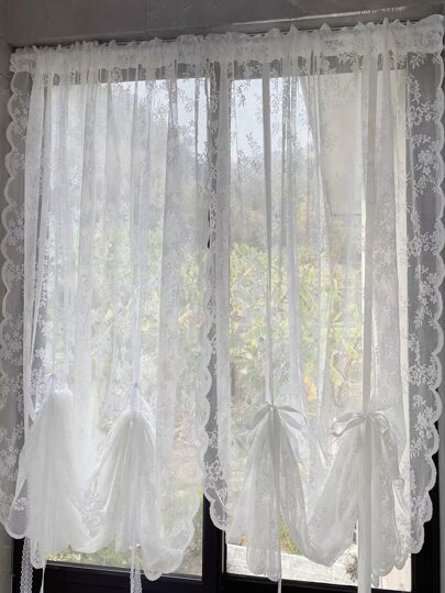 Floral Lace Scallop Trim Single Panel Sheer Curtain