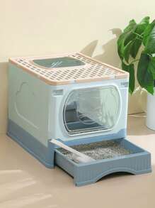 Foldable Cat Litter Box With Shovel - Baby Blue - View 1