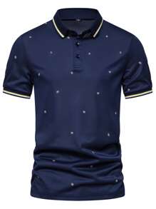 Manfinity Áo thun có cổ Nam Nút Hình học Công việc - Màu xanh hải quân - Xem 4