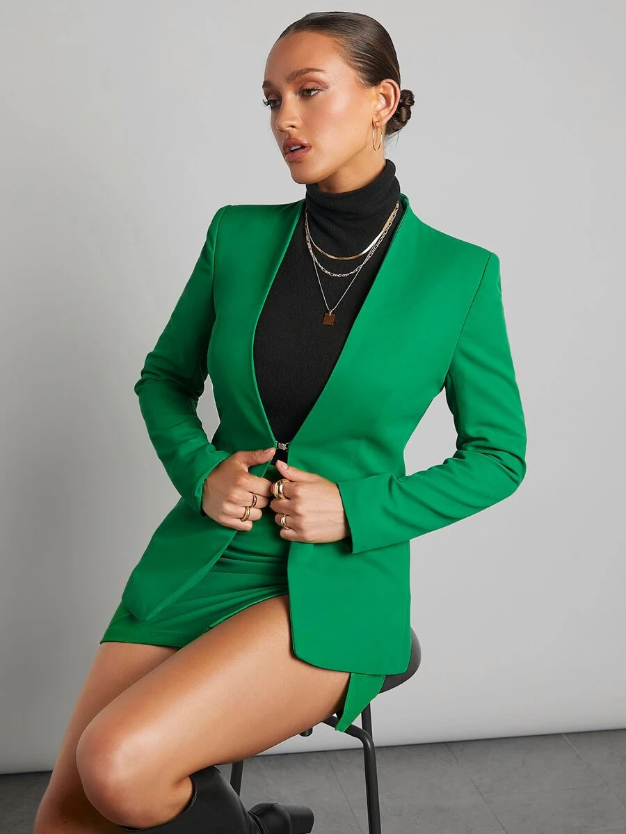 SHEINNeu 秋冬纯色单扣西装外套 - 綠色 - 查看 1