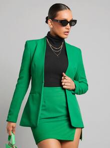 SHEINNeu 秋冬纯色单扣西装外套 - 綠色 - 查看 3