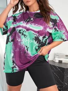 SHEIN EZwear Áo thun Plus size Lá thư Cà vạt nhuộm Giải trí - Nhiều màu - Xem 1