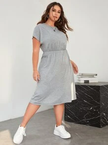 SHEIN EZwear Đầm Plus Size màu trơn Cơ bản - Màu Xám nhạt - Xem 3