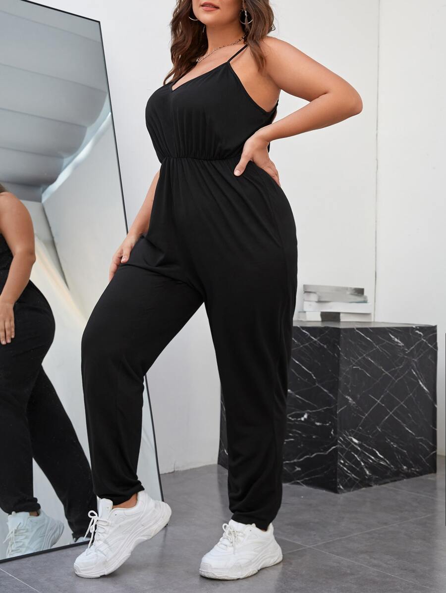 SHEIN EZwear 大碼素色吊帶連體褲 - 黑色 - 查看 1