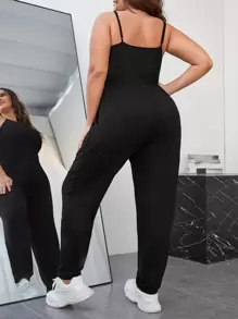 SHEIN EZwear 大碼素色吊帶連體褲 - 黑色 - 查看 2