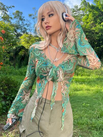 Grunge Sun Print Lettuce Trim Tie Front Mesh Top