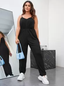 SHEIN EZwear 大碼素色吊帶連體褲 - 黑色 - 查看 3