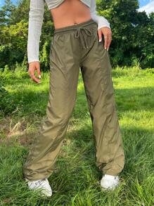 SHEIN ICON 頹廢搖滾素色腰部抽繩降落傘褲 - 軍綠色 - 查看 1