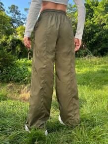 SHEIN ICON 頹廢搖滾素色腰部抽繩降落傘褲 - 軍綠色 - 查看 2