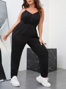 SHEIN EZwear 大碼素色吊帶連體褲 - 黑色 - 查看 5