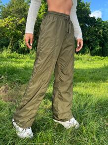 SHEIN ICON 頹廢搖滾素色腰部抽繩降落傘褲 - 軍綠色 - 查看 3