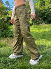 SHEIN ICON 頹廢搖滾素色腰部抽繩降落傘褲 - 軍綠色 - 查看 4