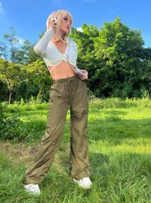 SHEIN ICON 頹廢搖滾素色腰部抽繩降落傘褲 - 軍綠色 - 查看 5