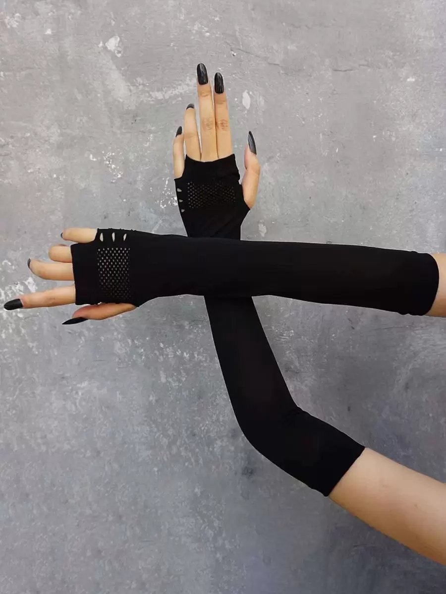 Hollow Out Fingerless Long Gloves - Black - View 1