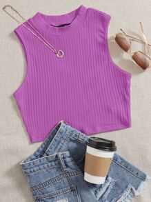 SHEIN EZwear 素色羅紋針織背心上衣 - 紫色 - 查看 1