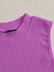 SHEIN EZwear 素色羅紋針織背心上衣 - 紫色 - 查看 3