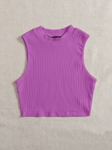 SHEIN EZwear 素色羅紋針織背心上衣 - 紫色 - 查看 5