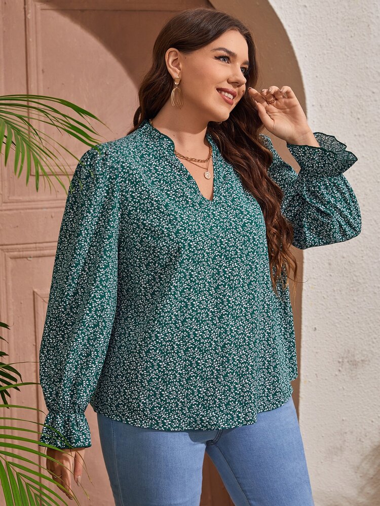 SHEIN Clasi Bluse mit Pflanze Muster, Rüschenbesatz, Volant Ärmeln - Grün - Übersicht 3