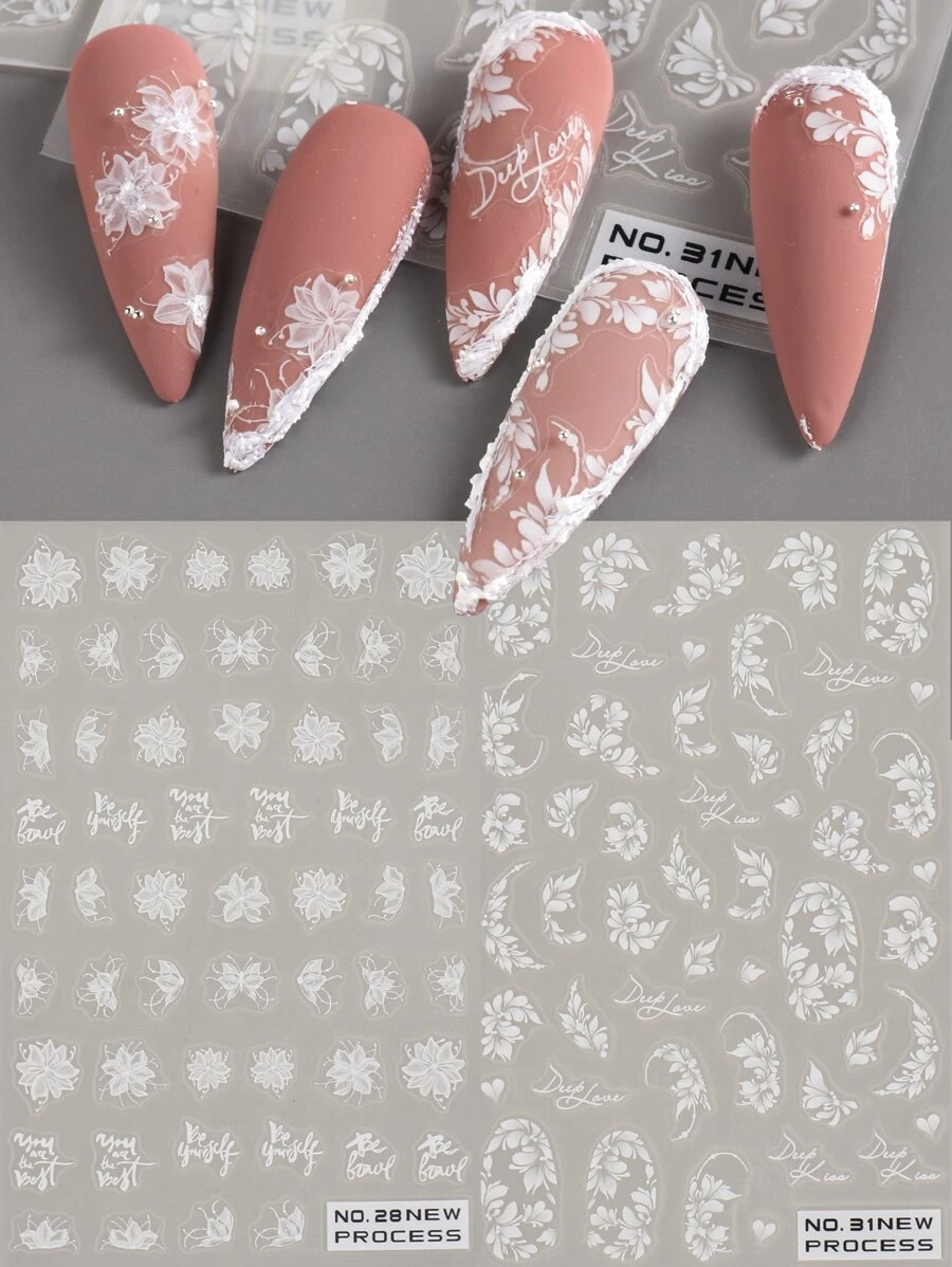 FULL BEAUTY 2 tấm Nhãn dán móng tay nghệ thuật in hoa Nhãn dán móng tay DIY - trắng - Xem 1