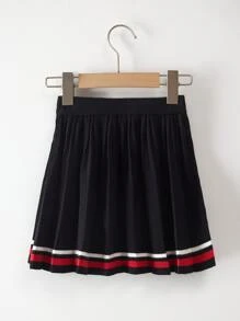 Toddler Girls Striped Pattern Pleated Knit Skirt - Black - View 1