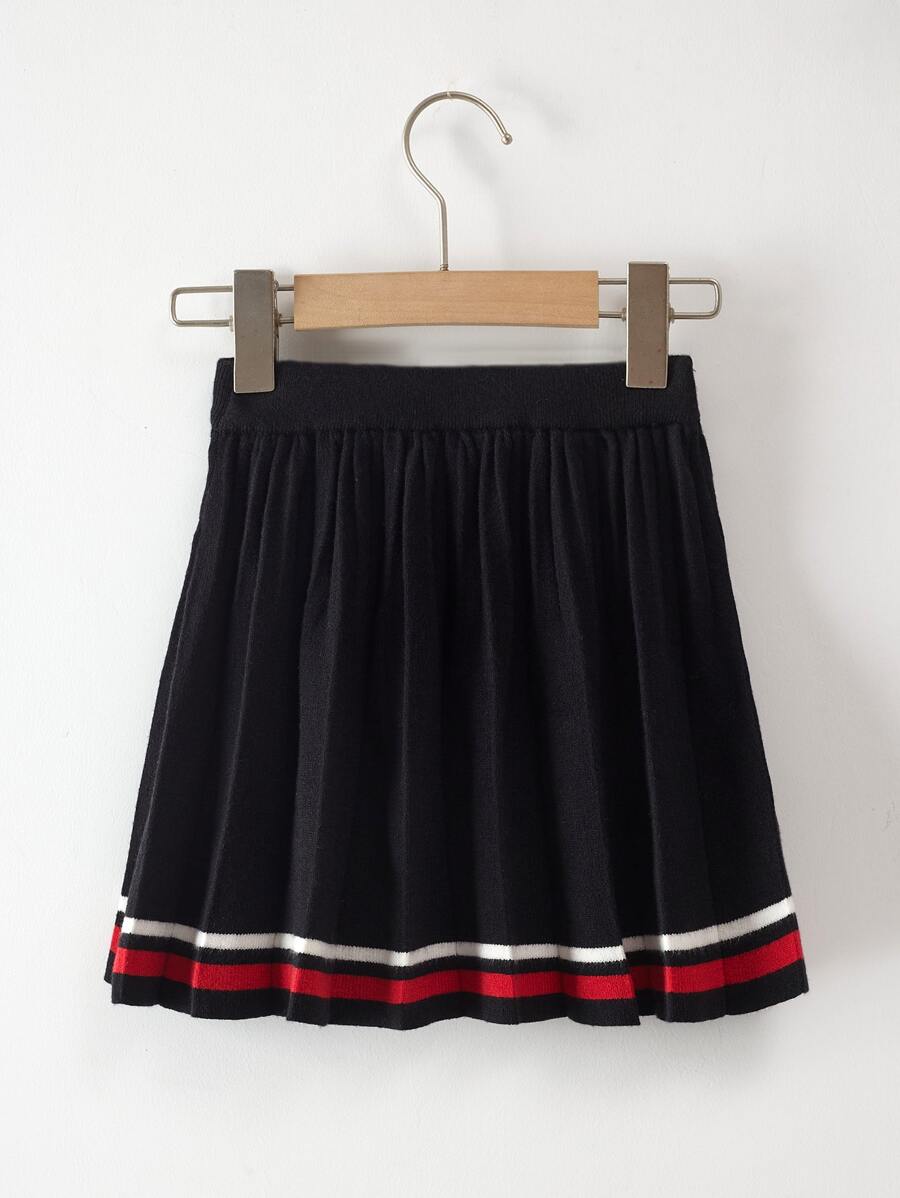 Toddler Girls Striped Pattern Pleated Knit Skirt - Black - View 1