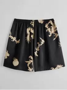 Men Dragon Print Satin Pyjama Shorts - Black - View 2