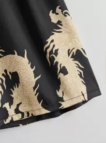 Men Dragon Print Satin Pyjama Shorts - Black - View 4