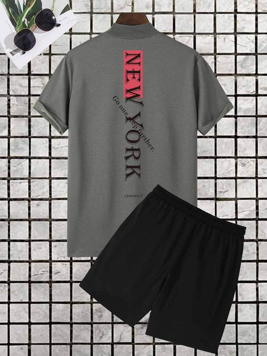 Manfinity Homme Men Letter Graphic Mock Neck Tee & Track Shorts - Multicolor - View 1