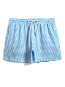 Manfinity Men Vertical Striped Drawstring Waist Swim Trunks - Blue and White - View 3