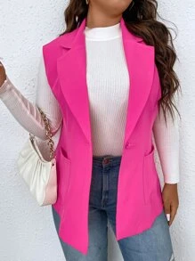 SHEIN LUNE Blazer chaleco con parche con bolsillo con botón - Rosa Fucsia - Ver 1