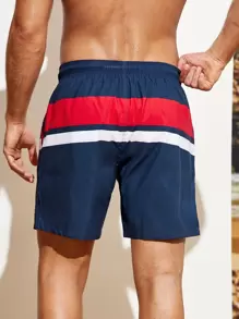 Zalmeno Quần bơi nam họa tiết chữ Colorblock có dây rút ở eo, phong cách Hawaii - Màu xanh hải quân - Xem 2