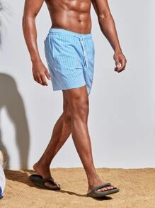 Manfinity Men Vertical Striped Drawstring Waist Swim Trunks - Blue and White - View 5