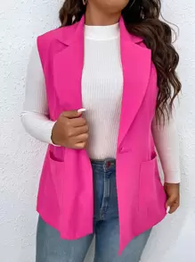 SHEIN LUNE Blazer chaleco con parche con bolsillo con botón - Rosa Fucsia - Ver 3