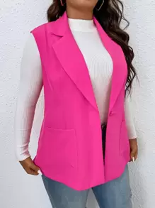 SHEIN LUNE Blazer chaleco con parche con bolsillo con botón - Rosa Fucsia - Ver 5